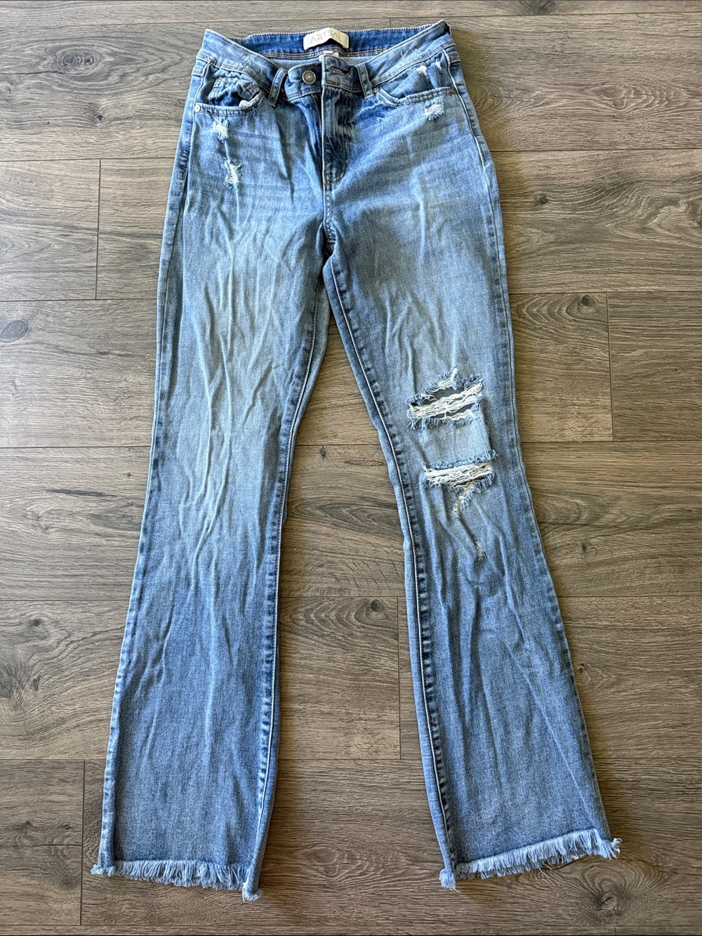 Light Blue Distressed Flare Jeans with Frayed Hem